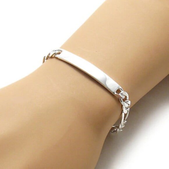 ELEGANT 7MM (180 GAUGE) STERLING SILVER FIGARO LINK ID BRACELET ENGRAVABLE PLATE - Picture 3 of 4